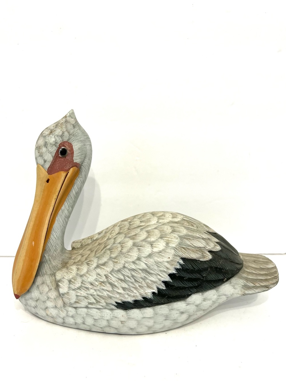 Hand Carved Wood Pelican Figurine Painted Coastal Folk Art Sculpture